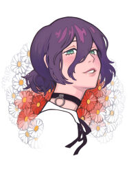  1girl absurdres black_choker chainsaw_man choker commentary english_commentary flower green_eyes grenade_pin hair_between_eyes hair_bun highres parted_lips pink_lips portrait purple_hair red_flower reze_(chainsaw_man) single_hair_bun smile solo tatja_(tatjasng12) 