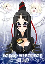  bayonetta bayonetta_(character) bayonetta_(cosplay) black_hair blue_eyes breasts cleavage cleavage_cutout cosplay eunos glasses happy_birthday k-on! kotobuki_tsumugi parody 