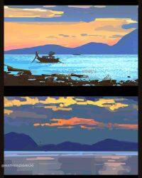  beach boat commentary english_commentary fishing gradient_sky highres mathias_zamecki mountainous_horizon nature no_humans original outdoors real_life real_world_location scenery shore sketch sky sunset thailand water watercraft 