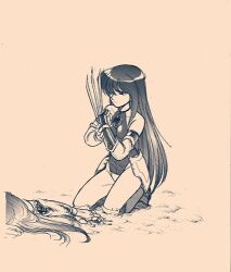  1990s_(style) 2girls armband bare_shoulders boots claw_(weapon) death gem kneeling leotard long_hair lowres mechabare mieu_(phantasy_star) miun_(phantasy_star) monochrome multiple_girls official_artist_extra ozaki_toyo phantasy_star phantasy_star_iii poleyn retro_artstyle sand tassets very_long_hair weapon 