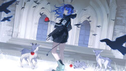  1girl absurdres animal ankle_boots apple arknights black_horns black_jacket black_tail blue_eyes blue_hair boots commentary dmitkooi english_commentary food fruit fur_hood goat grey_boots halo highres holding holding_food holding_fruit hood hood_down hooded_jacket horns jacket light_particles long_hair long_sleeves looking_at_viewer mostima_(arknights) shirt smile solo standing tail white_shirt wind yellow_halo 
