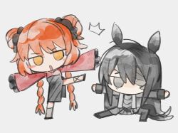  1boy 1girl animal_ears bandage_over_one_eye black_eyes black_hair braid chibi commentary_request double_bun green_eyes hair_bun heishou_pack-wu_branch_(identity)_(project_moon) hongyuan_(identity)_(project_moon) horse_boy horse_ears horse_tail ishmael_(project_moon) limbus_company low_twin_braids nanahara191 open_mouth orange_hair project_moon simple_background tail twin_braids white_background yi_er_fan_club_(vocaloid) yi_sang_(project_moon) 