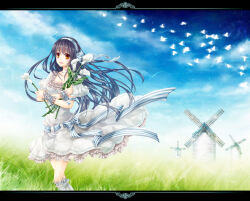  1girl arms_across_body bird black_hair blue_sky border bow calla_lily commentary_request dress feet_out_of_frame field flower frilled_dress frilled_wrist_cuffs frills grass hairband holding holding_flower letterboxed long_hair multicolored_hairband open_mouth orange_eyes original outdoors sky striped_bow two-tone_hairband walking white_bird white_dress wide_sleeves wind windmill wrist_cuffs yuki_hanana 