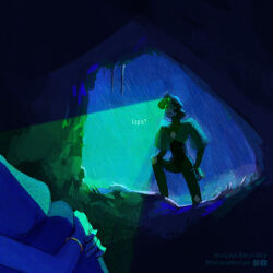  2girls alien blue_skin bracelet cave colored_skin commentary english_commentary gem_(steven_universe) green_skin hiding highres homeworld_gem_uniform jewelry lapis_lazuli_(thefaeriemerchant) multiple_girls original peridot_facet_6c4t_cut_2xj rain steven_universe thefaeriemerchant 