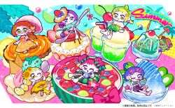  6+girls :d :q absurdres ankle_bow anklet black_skirt blonde_hair blue_eyes blue_hair blue_shirt blueberry bow bow_hairband braid character_request charm_(object) cherry commentary_request copyright_request cream creme_caramel cup denim denim_shorts dress drinking_straw drinking_straw_in_mouth drooling earrings facial_mark flower food food-themed_clothes food-themed_hair_ornament food_print frilled_shirt frills fruit fruit_hair_ornament fruit_hat_ornament fruit_print fruit_punch_(drink) fruit_tart gelatin glasses green_eyes green_hairband green_skirt grid_background grin hair_flower hair_ornament hair_ribbon hair_sprinkles hairband hairclip hand_on_own_cheek hand_on_own_face hat heart heart-shaped_pupils heart_facial_mark heart_hair_ornament hibiscus highres holding holding_cup holding_spoon holding_umbrella ice_cream ice_cream_float imomushi_96 jewelry lime_(fruit) lime_hair_ornament lime_slice long_skirt looking_at_viewer multi-tied_hair multicolored_eyes multiple_earrings multiple_girls multiple_hairclips one_eye_closed orange_(fruit) orange_dress orange_eyes orange_hair orange_ribbon orange_slice palm_tree parasol pineapple pineapple_slice pink_bow pink_eyes pink_hair polka_dot polka_dot_background pudding purple_hair red_bow refraction ribbon ribbon_in_braid round_eyewear shaved_ice shirt short_bangs short_eyebrows shorts single_braid sitting skirt smile sparkle spoon star_(symbol) star_print straw_hat strawberry sunflower sunflower_hair_ornament swim_ring symbol-shaped_pupils tart_(food) thick_eyebrows tongue tongue_out tree umbrella wafer watermelon watermelon_hair_ornament white_shirt wrist_bow x_hair_ornament 