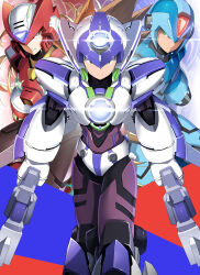  3boys absurdres armor axl_(mega_man) axl_bullets blonde_hair blue_armor blue_helmet brown_hair chest_jewel clenched_teeth commentary_request facial_mark finger_on_trigger forehead_jewel gun helmet highres holding holding_gun holding_weapon looking_at_viewer mega_man_(series) mega_man_x_(series) multiple_boys ponytail red_armor red_helmet shoulder_armor spiky_hair teeth weapon white_armor white_axl_(mega_man) white_helmet x_(mega_man) zelitto zero_(mega_man) 