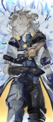  1boy absurdres albedo_(genshin_impact) armlet baggy_pants belt birthmark black_belt black_boots black_gloves black_hood black_pants blue_shirt boots braid brown_hair clenched_hand closed_eyes closed_mouth collared_shirt commentary_request feet_out_of_frame gem genshin_impact geo_symbol_(genshin_impact) gloves gold_armlet half_up_braid hand_on_own_stomach high_collar highres hood hoodie jewelry low_ponytail male_focus open_clothes open_hoodie pants pendant ponytail shirt short_hair short_ponytail short_sleeves solo sparkle unconscious vision_(genshin_impact) white_hoodie yellow_gem zuu_(kyuudo9) 