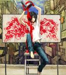 arms_up barefoot black_hair can faux_wings feet jeans male original paint red_eyes routemoc solo t-shirt unbuttoned unzipped wings 