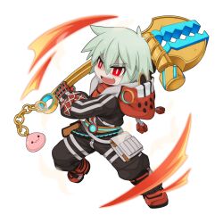  1boy aura belt belt_pouch bio_lab black_belt black_gloves black_jumpsuit boots bright_pupils charm_(object) chibi chibi_only fighting_stance full_body gloves glowing glowing_eyes green_hair holding holding_wrench howard_alt-eisen jumpsuit long_sleeves looking_at_viewer male_focus mechanic_(ragnarok_online) official_alternate_costume official_art open_jumpsuit open_mouth poring pouch ragnarok_online red_boots red_eyes red_shirt shaded_face shirt short_hair simple_background solo standing swinging_weapon tachi-e transparent_background v-shaped_eyebrows white_pupils wrench yuichirou 