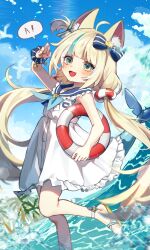  1girl a_(phrase) absurdres ahoge animal_ear_fluff animal_ears aqua_eyes arm_up beach blonde_hair blue_bow blue_neckerchief blue_sailor_collar blue_shirt blue_sky blue_streaks blush bow buttons cat_ears clouds coat commentary_request day fang fins fish_girl fish_tail hair_bow highres holding holding_swim_ring indie_virtual_youtuber kaniki_(sameko_saba) lifebuoy_hair_ornament long_hair multicolored_hair neckerchief onyang open_mouth outdoors palm_tree sailor_collar sameko_saba sandals shirt sky sleeveless sleeveless_coat speech_bubble standing standing_on_one_leg streaked_hair striped_clothes striped_shirt submerged swim_ring tail tree twintails very_long_hair virtual_youtuber wading white_coat wristband 