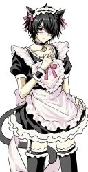  1boy 2000s_(style) animal_ears apron bell between_fingers black_choker black_dress black_garter_straps black_thighhighs black_wrist_cuffs cat_boy cat_ears cat_tail choker cigarette commentary_request cowboy_shot crossdressing crossdressing_(mtf) dress euiqhi eyepatch faux_retro_artstyle garter_straps hair_over_one_eye hairband hand_up highres holding holding_cigarette light_frown looking_at_viewer maid maid_headdress male_focus male_maid neck_bell one_eye_covered ooe_(adelta) puffy_short_sleeves puffy_sleeves red_eyes shinbashi_(ooe) short_hair short_sleeves simple_background solo tail thigh-highs waist_apron white_background white_hairband wrist_cuffs 
