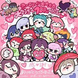  +_+ 1boy 6+girls :3 :d ahoge aijou_rentarou american_flag american_flag_print anger_vein black_hair blonde_hair blue_hair blunt_bangs blunt_sidelocks blush blush_stickers bow braid breast_press brown_hair brown_pants bug butterfly butterfly_on_head caterpillar chibi chibi_only closed_eyes copyright_name cup curly_hair curtained_hair drinking drooling eiai_nano finger_heart flag_print green_eyes green_hair grey_hair grid_background hair_between_eyes hair_bow hair_intakes hanazono_hahari hanazono_hakari haraga_kurumi heart heart_print holding holding_cup holding_hands holding_heart holding_instrument holding_maracas holding_sign iin_chiyo imomushi_96 inda_karane instrument jaggy_lines jitome kakure_meme kimi_no_koto_ga_dai_dai_dai_dai_daisuki_na_100-nin_no_kanojo long_hair maracas meido_mei messy_hair momi_momiji motion_lines multicolored_eyes multiple_girls no_nose orange_hair pants parted_bangs party_popper pink_background pink_bow pink_hair ponytail red_eyes red_hair saliva shaded_face shirt short_hair side_ahoge sidelocks sign sitting smile sparkle sutou_iku t-shirt thank_you thick_eyebrows tomato torotoro_kishika trembling twin_braids utsukushisugi_mimimi wavy_hair yakuzen_kusuri yakuzen_yaku yamato_nadeshiko_(hyakkano) yasashiki_yamame yoshimoto_shizuka 