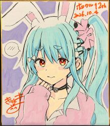  1girl absurdres animal_ear_fluff animal_ears blue_hair blush cardigan closed_mouth collared_shirt hair_between_eyes hand_up highres hololive kiritoma long_hair long_sleeves looking_at_viewer multicolored_hair one_ear_down photo_(medium) pink_cardigan puffy_long_sleeves puffy_sleeves rabbit-shaped_pupils rabbit_ears red_eyes school_uniform shikishi shirt side_ponytail signature solo spoken_blush streaked_hair symbol-shaped_pupils traditional_media upper_body usada_pekora virtual_youtuber white_hair white_shirt 