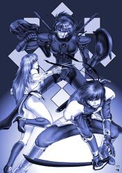  1990s_(style) 1997 android armor armored_boots backless_leotard bare_shoulders blue_theme boots breasts claw_(weapon) exposed_internal_machinery grin gun half_chest_guard holding holding_gun holding_sword holding_weapon leotard long_hair mechabare mechanical_arms miun_(phantasy_star) monochrome official_artist_extra orakio_(phantasy_star) pauldrons phantasy_star phantasy_star_iii retro_artstyle robot segawa_masaki shoulder_armor signature siren_(phantasy_star) smile sword tassets vambraces weapon 