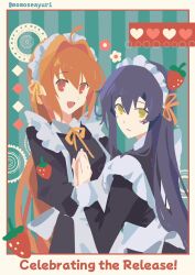  1boy 1girl ahoge apron artist_name black_hair border brown_hair closed_mouth commentary crossdressing crossdressing_(mtf) double-parted_bangs eiyuu_densetsu english_text enmaided estelle_bright food fruit hair_between_eyes hair_down hair_extensions hair_intakes hand_on_another's_hand highres joshua_bright long_hair long_sidelocks long_sleeves looking_at_viewer maid maid_apron maid_headdress male_maid momoseayuri open_mouth outside_border palms_together red_eyes release_celebration sidelocks smile sora_no_kiseki sora_no_kiseki_sc strawberry striped_background triangle_mouth twitter_username untranslatable_commentary upper_body vertical-striped_background very_long_hair white_apron white_border yellow_eyes 
