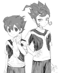  2boys artist_name cowboy_shot double-parted_bangs earth_eleven greyscale hair_between_eyes highres holding holding_towel inazuma_eleven_(series) inazuma_eleven_go inazuma_eleven_go_galaxy lightning_bolt_print lightning_bolt_symbol looking_at_viewer male_focus matsukaze_tenma mint999inir monochrome multiple_boys shirt short_hair short_sleeves shorts sidelocks simple_background sketch soccer_uniform spiky_hair sportswear standing tareme towel tsurime tsurugi_kyousuke white_background wiping_sweat 