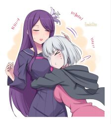  2girls bandage_over_one_eye bandages black_serafuku blush breasts closed_eyes crying dress flower hair_flower hair_ornament headpat highres hug large_breasts long_hair multiple_girls one_eye_covered open_mouth pink_dress purple_hair school_uniform serafuku short_hair soukitsu tsukuyomi_(under_night_in-birth) under_night_in-birth white_hair zohar_(under_night_in-birth) 