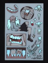  1boy angel angel_wings arm_support black_border black_shorts blood blood_on_teeth boots border closed_mouth commentary cross-section english_commentary expressionless grey_background grey_shirt jaw knee_up mouth_focus multiple_views naroym_(naro) original pale_colors pill shirt shorts sitting syringe teeth tooth wings 