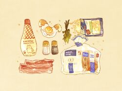  bacon bag bread bread_slice broken_egg cheese egg egg_(food) english_commentary english_text food food_focus highres ingredients mayonnaise mayonnaise_bottle nao_(bestrollever) no_humans original parsley pepper_shaker plastic_bag salt_shaker simple_background sparkle sparkling_aura yellow_background 