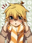  1boy :&lt; aqua_eyes blonde_hair blush face glasses kagamine_len male mukkun portrait scarf solo vocaloid 