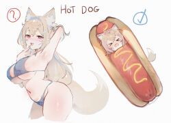  >_< 2girls ? absurdres animal_ear_fluff animal_ears arm_up armpits bikini blonde_hair blue_bikini blue_hair blue_streaks blush bread breasts commentary cropped_legs crossed_bangs curvy dog_ears dog_girl dog_tail double-parted_bangs english_commentary english_text finger_to_mouth fluffy_tail food fuwawa_abyssgard hair_between_eyes hair_intakes hair_ornament highres hololive hololive_english hot_dog hot_dog_costume large_breasts long_hair maru_ccy mococo_abyssgard multicolored_hair multiple_girls mustard navel nose_blush open_mouth pink_eyes pink_hair pink_streaks pun red_eyes sausage short_hair siblings sisters streaked_hair string_bikini swimsuit tail twins virtual_youtuber wavy_mouth 