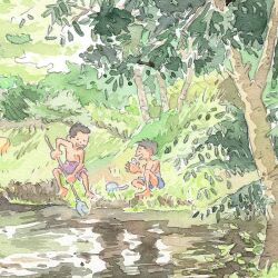  2boys baseball_cap child danfortiz fishing fishing_net foliage forest grass green_background hat highres male_swimwear multiple_boys nature on_ground original outdoors painting_(medium) riverbank sitting smile solid_circle_eyes swimsuit tall_grass traditional_media tree water watercolor_(medium) 