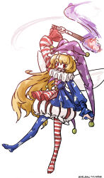  1girl absurdres american_flag american_flag_dress american_flag_print artist_name blonde_hair clownpiece commentary_request dated dress fairy fairy_wings flag_print full_body hat highres holding holding_torch jester_cap long_hair long_sleeves looking_at_viewer neck_ruff one-hour_drawing_challenge open_mouth pantyhose polka_dot_headwear purple_hat red_eyes sharp_teeth simple_background smile solo star_(symbol) star_print striped_clothes striped_dress striped_pantyhose teeth torch touhou ve1024 very_long_hair white_background wings 