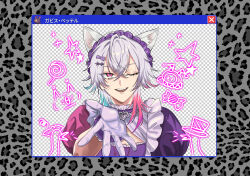  1boy :d ;d alternate_costume animal_ears blue_hair candy crossdressing crossdressing_(mtf) doodle_inset drawn_star fake_transparency food gavis_bettel gloves hair_ornament hairclip highres holostars holostars_english kemonomimi_mode lollipop maid maid_headdress male_focus male_maid medium_hair multicolored_hair one_eye_closed open_mouth outstretched_hand petermann phantom_(gavis_bettel) pink_eyes pink_hair puffy_short_sleeves puffy_sleeves short_sleeves smile solo star_(symbol) swirl_lollipop upper_body virtual_youtuber white_gloves white_hair window_(computing) wrapped_candy 