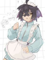  1girl 2boys ? alternate_costume apron aqua_jacket aqua_shorts black_hair colored_inner_hair commentary_request crossed_bangs enmaided florian_(pokemon) hair_between_eyes hand_up headdress highres jacket jersey_maid juliana_(pokemon) kieran_(pokemon) long_sleeves lucria maid mole mole_on_neck multicolored_hair multiple_boys open_mouth pokemon pokemon_scarlet_and_violet shorts sweat unconventional_maid waist_apron white_apron white_background yellow_eyes 