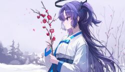  1girl absurdres alternate_costume black_halo blue_archive blue_eyes blue_hanbok blurry blurry_background branch closed_mouth commentary_request flower flower_request from_side halo hanbok highres holding holding_branch kkato korean_clothes korean_commentary long_hair long_sleeves looking_ahead mechanical_halo outdoors parted_lips profile purple_hair red_flower red_pupils snow solo two_side_up upper_body white_hanbok yuuka_(blue_archive) 