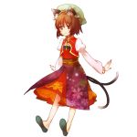  alternate_costume animal_ears bracelet brown_eyes brown_hair cat_ears cat_tail chen highres jewelry multiple_tails nail_polish no_nose outstretched_arms sabo_(fuya_2) short_hair single_earring tail touhou transparent_background 