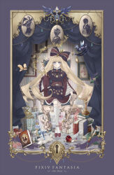  1girl :o absurdly_detailed_composition apple bird birdcage black_bow blonde_hair blue_eyes book border bottle bow brooch bug butterfly cage candlestand candy card chair chandelier checkered_clothes checkered_dress checkered_floor chessboard commentary_request crossed_ankles curtains dagger doll_joints dress english_text flamingo flower flower_dress food frilled_socks frills fruit glass_slipper gloves griffin hand_mirror hand_up high_heels holding holding_pen jewelry joints key_hair_ornament keyhole knife layered_dress lock long_hair looking_at_viewer mirror mouse_(animal) nemurico on_chair open_book ornate_border pen picture_frame pink_flower pink_rose pixiv_fantasia pixiv_fantasia_new_world playing_card pocket_watch portrait_(object) red_shoes rocking_horse rose shoes silhouette sitting skull socks two-tone_bow unworn_shoes very_long_hair wallpaper_(object) watch weapon white_gloves white_socks wide_sleeves 