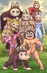  abs absurdres all_fours armored_titan beast_titan black_eyes blonde_hair brown_hair cart_titan clouds colossal_titan commentary female_titan flower grass hair_between_eyes hair_flower hair_ornament hammer highres holding holding_weapon jaw_titan labubu muscular open_mouth parody rogue_titan sharp_teeth shingeki_no_kyojin tatja_(tatjasng12) teeth titan_(shingeki_no_kyojin) war_hammer_titan weapon 