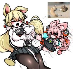  2girls alice_thymefield animal_ears blonde_hair blush breasts closed_eyes commentary_request fingerless_gloves flying_kick furry furry_female gloves grey_skirt hair_ornament high-waist_skirt kicking kicking_breasts korean_commentary large_breasts long_hair low_twintails multiple_girls open_mouth pantyhose photo_inset pink_hair rabbit_ears rabbit_girl reference_inset shirt skirt sphere_hair_ornament twintails uncolorcube white_shirt zenless_zone_zero zhao_(zenless_zone_zero) 