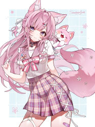 1girl absurdres animal_ears antenna_hair bandaid bandaid_on_leg blunt_bangs breasts closed_mouth commentary_request contrapposto cowboy_shot extra_ears frilled_sailor_collar frills hair_ornament hair_ribbon hairclip hakui_koyori hakui_koyori_(school_uniform) half_updo hand_up highres hololive long_hair looking_at_viewer medium_breasts o-ring o-ring_thigh_strap official_alternate_costume official_alternate_hairstyle pendant_collar pink_hair pink_sailor_collar plaid_clothes plaid_skirt pleated_skirt puffy_short_sleeves puffy_sleeves purple_skirt ribbon sailor_collar samon_(vxxr8575) shirt shirt_tucked_in short_skirt short_sleeves skirt smile solo tail thigh_strap two_side_up very_long_hair violet_eyes virtual_youtuber white_ribbon white_shirt wolf_ears wolf_tail