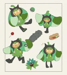 1girl :d :o candy_apple closed_eyes club_(weapon) commentary_request fangs food friend_ball highres holding holding_club holding_weapon horns lucria mask multiple_views notice_lines ogerpon open_mouth poke_ball pokemon pokemon_(creature) pokemon_focus sandwich smile standing star-shaped_pupils star_(symbol) symbol-shaped_pupils weapon yellow_eyes 