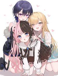  aizawa_ema aizawa_ema_(3rd_costume) black_hair blonde_hair blue_eyes blush brown_hair cloud_strife cloud_strife_(blue_dress) commentary_request highres ichinose_uruha ichinose_uruha_(4th_costume) iruka3 long_hair looking_at_viewer multiple_girls pink_hair ribbon shirt skirt tachibana_hinano tachibana_hinano_(1st_costume) violet_eyes virtual_youtuber vshojo white_background white_shirt wolf_cut 