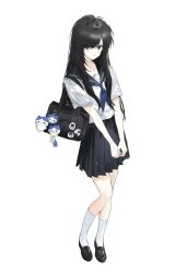  1girl badge bag bag_charm black_bag black_eyes black_hair black_shoes black_skirt blue_neckerchief blue_sailor_collar button_badge charm_(object) chiikawa closed_mouth collared_shirt contrast_collar dandruff fengguai full_body hachiware_(chiikawa) high-waist_skirt highres light_blush loafers long_hair looking_at_viewer loose_hair_strand messy_hair neckerchief original parted_lips penny_loafers pleated_skirt sailor_collar school_bag school_uniform serafuku shirt shoes short_sleeves simple_background skirt smile socks solo standing star_(symbol) swept_bangs tamagotchi tamagotchi_(classic) v_arms white_background white_shirt white_socks 