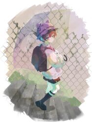  1boy absurdres aged_down animal_hat backpack bag bandaid bandaid_on_knee bandaid_on_leg black_socks blush bow brown_shorts cat_hat chain-link_fence commission crossed_bandaids fence frilled_hat frilled_shirt_collar frills from_side full_body gloves grass hair_between_eyes hat hat_bow highres holding holding_umbrella irregular_border looking_at_viewer lower_leg_strap male_focus mole mole_under_eye oauroren official_alternate_costume on_stairs oto_rainy outdoors purple_bag purple_hair purple_hat rain school_hat second-party_source shirt short_hair shorts skoshism socks solo transparent transparent_umbrella umbrella violet_eyes white_gloves white_shirt 