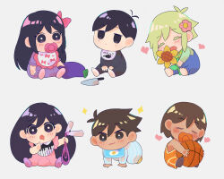  2girls 4boys =_= aged_down alternate_costume antenna_hair aubrey_(faraway)_(omori) aubrey_(omori) baby ball basil_(faraway)_(omori) basil_(omori) basketball_(object) bib black_eyes black_hair blonde_hair blue_overalls blush bow bright_pupils brother_and_sister brothers brown_hair closed_eyes closed_mouth commentary dark-skinned_male dark_skin double-parted_bangs drooling english_commentary expressionless grey_background hair_between_eyes hair_bow heart hero_(faraway)_(omori) hero_(omori) holding holding_ball holding_jump_rope jump_rope kel_(faraway)_(omori) kel_(omori) knife long_hair mari_(faraway)_(omori) mari_(omori) maromichan mewo mouth_drool mr._plantegg_(omori) multiple_boys multiple_girls omori open_mouth overalls pacifier parted_lips pink_bow short_hair siblings sidelocks simple_background smile stuffed_eggplant sunny_(omori) white_pupils 