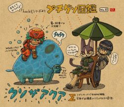  .hack// .hack//games 1girl 2boys :3 :d :o =_= animal aqua_grunty aqua_hair armor arrow_(symbol) blue_hair blue_hat blue_robe body_fur breastplate brown_background brown_gloves brown_shoes bubble canvas_texture cat_girl cat_tail chair closed_mouth commentary_request cuisses dot_nose elemental_(creature) elk_(.hack//) fingerless_gloves food food_with_face fruit furry furry_female gauntlets gloves greaves green_armor grey_shoes grunty_(.hack//) grunty_food hair_between_eyes hat hatching_(texture) kite_(.hack//) linear_hatching long_sleeves looking_at_another makoto_miyoshi marking_on_cheek mia_(.hack//) multiple_boys numbered on_chair orange_hat orange_pants orange_shirt pants parasol pauldrons purple_fur purple_tail red_eyes riding robe shirt shoes shoulder_armor sigma_symbol simple_background sitting slit_pupils smile speech_bubble standing tail translation_request umbrella water_elemental watermelon wavy_mouth whiskers wooden_chair yellow_eyes 