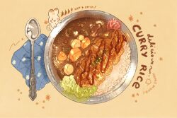  beef blush_stickers carrot_slice chili_pepper commentary curry curry_rice english_commentary english_text food food_focus highres katsu_(food) nao_(bestrollever) napkin no_humans original pickled_ginger potato rabbit rice sauce shredded_cabbage simple_background solid_circle_eyes sparkle spoon sweatdrop vegetable yellow_background 