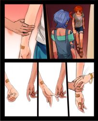  2girls adoptive_siblings arm_tattoo bandaid bandaid_on_arm bandaid_on_finger bandaid_on_hand bangle blue_hair blue_overalls blue_shorts bracelet commentary gold_bangle grey_shirt highres holding_another's_arm jewelry ki2ri5 motion_lines multiple_girls nami_(one_piece) nojiko_(one_piece) off-shoulder_shirt off_shoulder one_piece open_door orange_hair overalls sandals shirt short_hair short_sleeves shorts shoulder_tattoo siblings sisters tattoo walking 