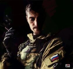  1boy 2038086037 black_background black_gloves camouflage camouflage_jacket flag flag_patch gloves highres jacket leather leather_gloves male_focus mikhail_tolstykh patch pensive portrait real_life realistic russian_flag russo-ukrainian_war signature smoking solo upper_body war_in_donbass 