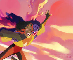  2girls blue_skin carrying carrying_person cleft_lip clouds cloudy_sky colored_skin commentary english_commentary flying gem_(steven_universe) green_skin highres homeworld_gem_uniform lapis_lazuli_(thefaeriemerchant) liquid_wings multiple_girls open_mouth original outdoors peridot_facet_6c4t_cut_2xj sharp_teeth sky steven_universe teeth thefaeriemerchant water wings 