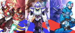  6+boys absurdres android arm_cannon armor axl_(mega_man) axl_bullets bald blonde_hair blue_armor blue_eyes blue_helmet chest_jewel clenched_hands clenched_teeth colonel_(mega_man) commentary_request covered_face crossed_arms dr._weil_(mega_man) dual_wielding energy_sword evil_eyes evil_smile facial_mark finger_on_trigger forehead_jewel from_side gloves green_eyes gun hat helmet highres holding holding_gun holding_weapon long_hair looking_at_viewer lumine_(mega_man) mega_man_(series) mega_man_x_(series) multiple_boys peaked_cap ponytail purple_armor purple_hair purple_helmet red_(mega_man_x) red_armor red_eyes red_helmet robot robot_ears short_hair shoulder_armor shoulder_cannon sigma_(mega_man) smile spiky_hair sword teeth very_long_hair vile_(mega_man) weapon white_armor white_axl_(mega_man) white_gloves white_helmet x_(mega_man) z_saber zelitto zero_(mega_man) 