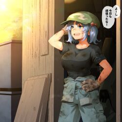  1girl black_shirt blue_overalls breasts collarbone commentary dirty dirty_clothes dirty_face flat_cap from_side gloves green_hat hand_on_own_head hand_on_own_hip hat highres kawashiro_nitori large_breasts looking_to_the_side medium_hair overalls parted_lips plank shirt short_sleeves shundou_heishirou smile solo speech_bubble sunlight sweat sweatdrop t-shirt teeth touhou translation_request two_side_up upper_teeth_only white_gloves 