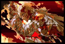  1boy 2026 blonde_hair blood blood_from_mouth clenched_teeth closed_mouth commentary dawn_office_(identity)_(project_moon) e.g.o_(project_moon) english_commentary fire gauntlets glasses gloves grey_armor grey_gloves grey_wings hands_up krab_(fumekrab) limbus_company project_moon sinclair_(project_moon) sword teeth waxen_pinion_(e.g.o) weapon wings yellow_eyes 