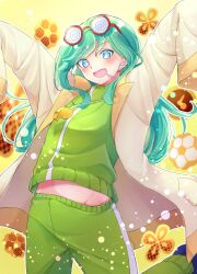  aqua_hair arms_up blue_eyes coat coke-bottle_glasses commentary cosplay cowboy_shot drooling ecolo_(allstar_academy)_(puyopuyo) ecolo_(puyopuyo) ecolo_(puyopuyo)_(cosplay) eyewear_on_head fang flower glasses green_jacket green_pants groin highres jacket kawaeco_love lapels leg_up long_sleeves looking_at_viewer midriff_peek mouth_drool open_clothes open_coat open_mouth pants round_eyewear self-cosplay sleeves_past_fingers sleeves_past_wrists smile standing standing_on_one_leg star-shaped_pupils star_(symbol) symbol-shaped_pupils track_jacket track_pants track_suit unusual_ecolo whistle whistle_around_neck white_coat 