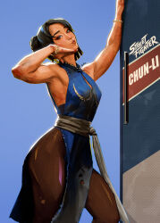  1girl armpits black_hair blue_dress bracelet bruise chinese_clothes chun-li dress hair_bun highres injury jewelry looking_at_viewer pantyhose pelvic_curtain qipao quentims sash side_slit sleeveless sleeveless_dress solo street_fighter street_fighter_(2026_movie) toned toned_female torn_clothes torn_pantyhose white_sash 